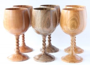 Set of six wooden goblets with twist stems