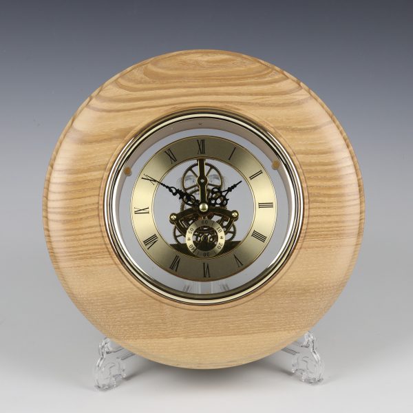 Ash and gold skeleton clock. Turned by Paul Hannaby creative woodturning